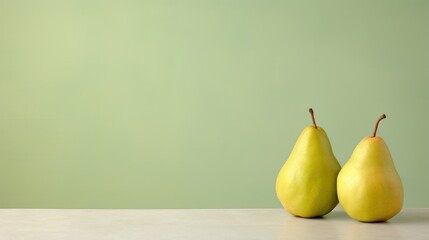  two pears sitting on a table with a green wall in the background and a light green wall in the background.