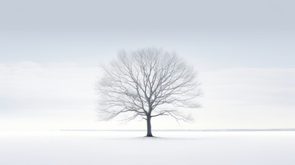  a lone tree stands in the middle of a snow - covered field in the middle of a foggy day.