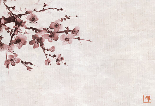 Sepia-toned sakura branch on vintage background. Traditional oriental ink painting sumi-e, u-sin, go-hua. Translation of hieroglyph - zen