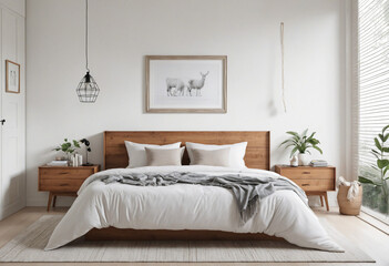 Minimalist Bedroom with Scandinavian-Bohemian Decor and Mockup Frame