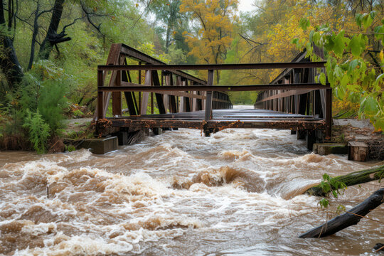 Flooding river creek destroyed a bridge after heavy rain flood water shows the forces of nature and the need for insurance against dangerous weather, windstorms, cyclones, tornados and hurricanes