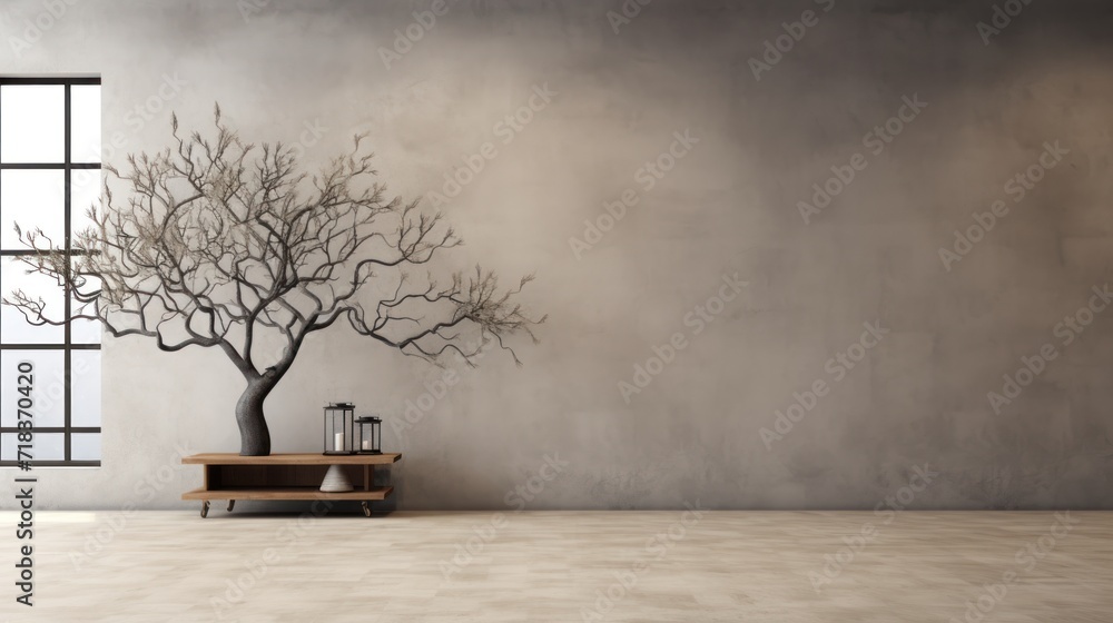 Poster a room with a tree on the wall and a table with two vases on it and a window in the background.