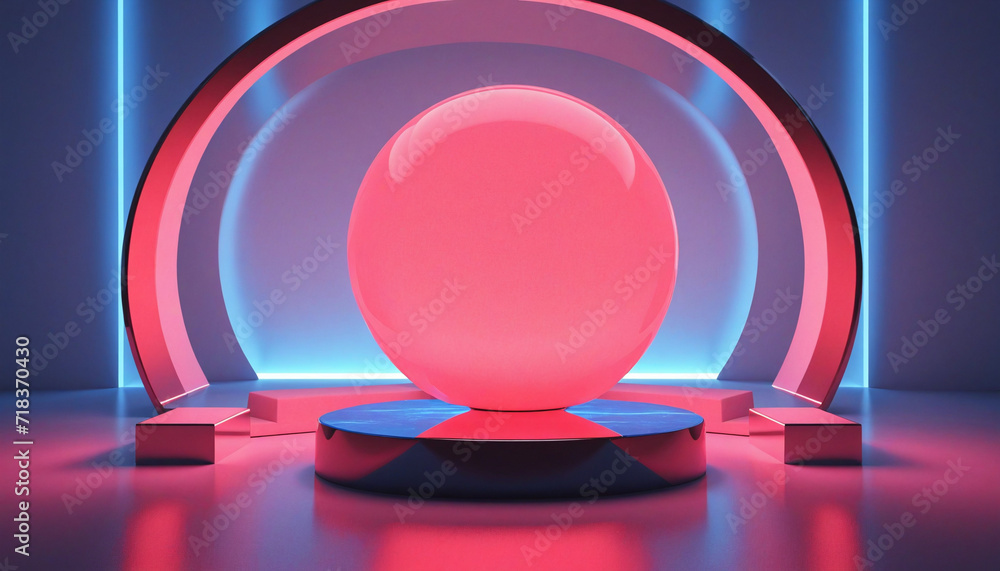 Aufkleber abstract red and blue neon background with stone platform balanced on glass ball and glowing linear 