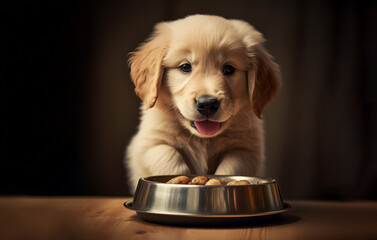 Hungry cute golden retriever puppy carries his bowl for food