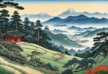 Scenic Mountains, Pine Trees, Historic Hanok, Rural Landscape, Ink Paintings, Traditional Art