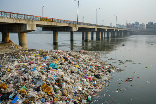 Garbage piled up on the Bridge during the high level of the River