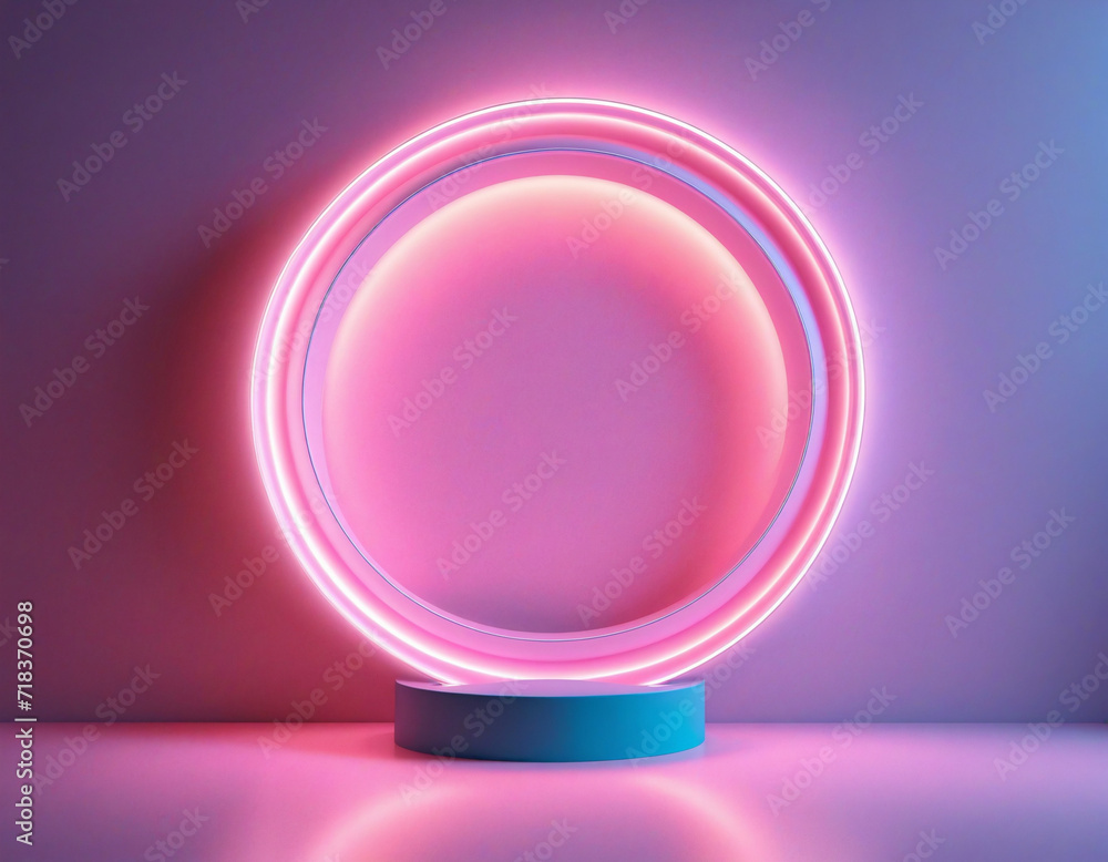 Wall mural abstract neon light round frame with stormy clouds and geometric glowing ring shape
