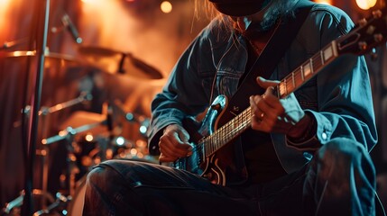 Obraz premium musician playing the guitar, talented musician passionately playing an instrument on a stage, captivating the audience with their performance