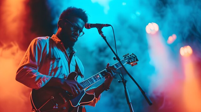 rock band performing concert, talented musician passionately playing an instrument on a stage, captivating the audience with their performance