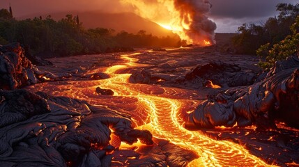 active lava from burning volcano on a mountain