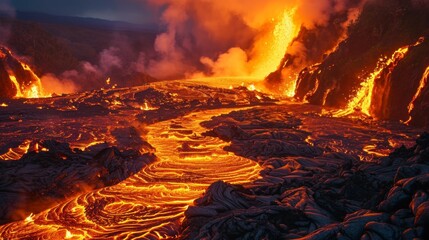 Active lava from a burning volcano on a mountain on fire with smoke in high resolution and daylight quality. environmental pollution concept