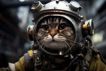 Cat in a vintage diver's suit. Generated by artificial intelligence
