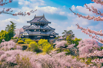 Naklejka premium Japanese castle on a hill with cherry blossoms in the foreground