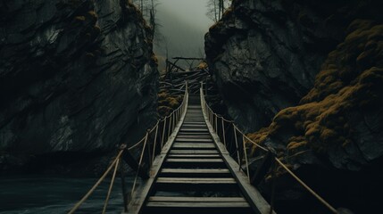  a set of stairs leading to the top of a cliff next to a body of water with moss growing on the rocks.
