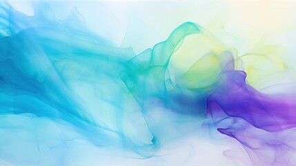  an abstract painting of blue, green, and purple smoke on a white background with a light reflection of blue and purple smoke on the left side of the image.