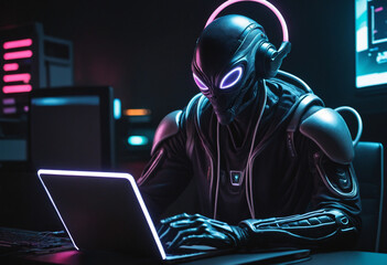 Alien gamer in gray suit playing online video game under neon lights. Extraterrestrial gamer using laptop to play video game. Hacker attacks government data with monstrous phishing.
