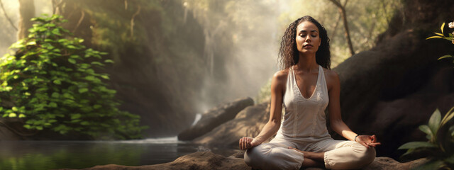 Tranquil scene of a young adult meditating in nature, embracing spiritual wellness and relaxation - 718371629