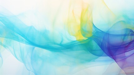  an abstract painting of blue, yellow, and green smoke on a white background with a light reflection of the smoke coming from the bottom of the image.