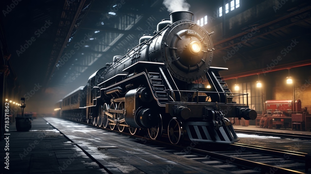 Poster a train traveling through a train station next to a loading platform with a person standing on the p