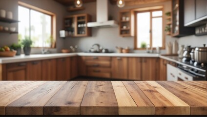 Fototapeta premium Empty Wooden Table Background Blurred Kitchen, Wooden Table