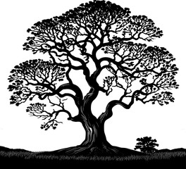 Silhouette of a Majestic Tree, Vector Art Style, Roots Gripping Tightly into the Earth, Towering	