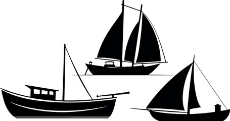 Simple minimalist silhouette of boat. Ship and marine boat, great set collection clip art Silhouette , Black vector illustration on white background.