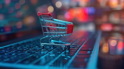 Illustration of internet shopping and online purchases concept, soft focus view of empty supermarket shopping cart on computer laptop keyboard background - obrazy, fototapety, plakaty