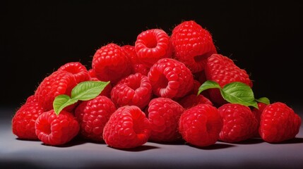  a pile of raspberries with a green leaf on top of one of the raspberries is in front of a black background.