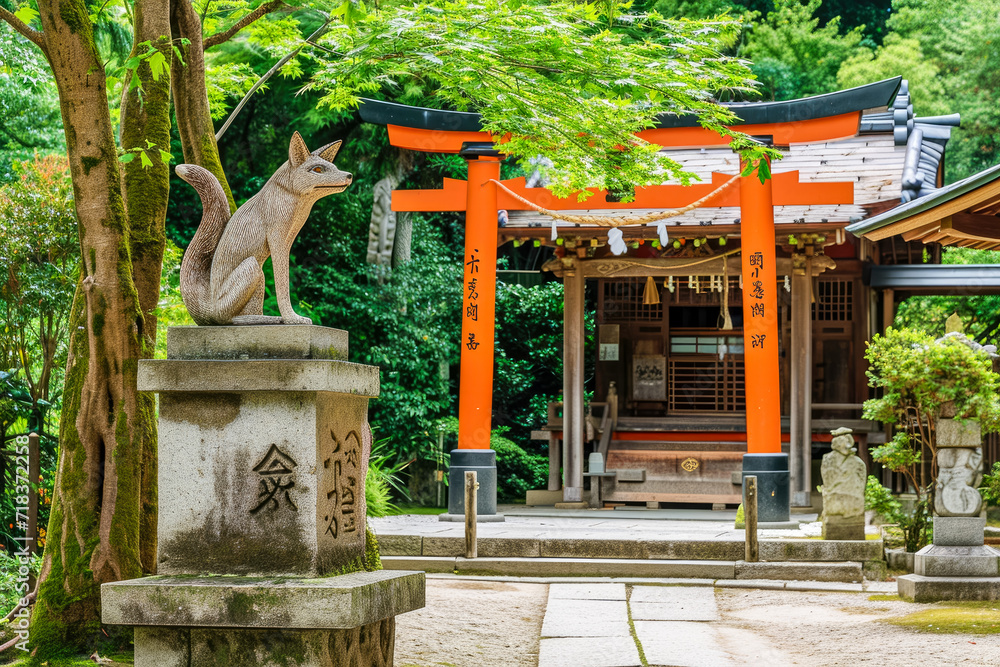 Poster a japanese shrine with a torii gate and a fox statue