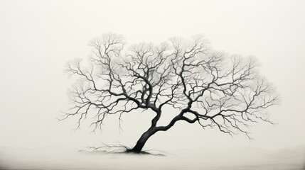  a black and white photo of a tree with no leaves on it, with a foggy sky in the background.
