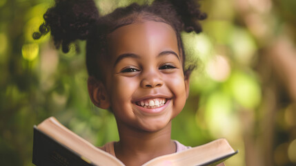 young child with a beaming smile, engrossed in a book and discovering the joy of reading