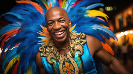 A man in a vibrant and eye-catching carnival costume joyfully poses for the camera in this playful portrait photo.
