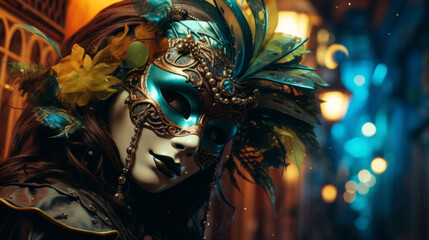 A close-up photo capturing the face of an woman wearing carnival mask at masquerade on the night street.