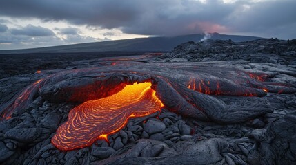 fire lava from an active volcano on a volcano mountain during the day