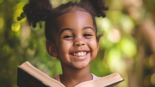 young child with a beaming smile, engrossed in a book and discovering the joy of reading
