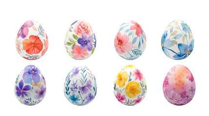 Easter Egg Set: Colorful and Decorated with Watercolor Floral Designs, Isolated on Transparent Background, PNG