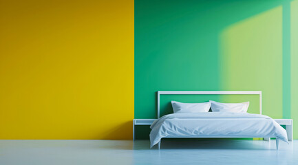 Vibrant bedroom in urban modern condo painted in bright colors with minimalistic approach