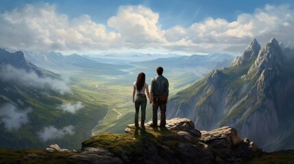 Obraz premium a man and a woman standing on top of a mountain looking out at a valley with mountains in the background.