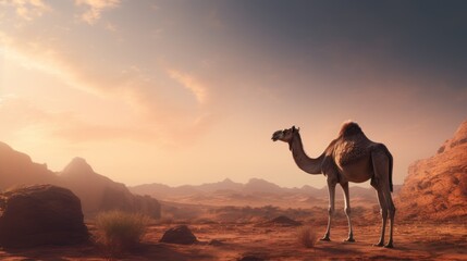  a desert scene with a camel in the foreground and a mountain range in the background with clouds in the sky.