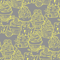 Tasty sweet cupcake dessert decorative seamless pattern for textile design, fabric print, digital or wrapping paper, wallpaper, background and backdrop, bakery shop decoration, cafe, restaurant menu.
