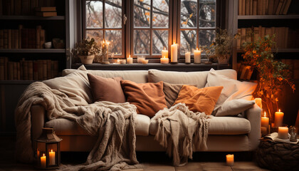 Cozy modern living room with illuminated candle, comfortable sofa generated by AI