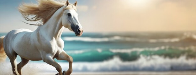 White horse galloping along the seashore with waves in the background. Panorama with copy space.