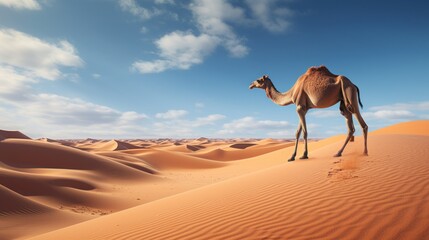  a camel standing in the middle of a desert with a blue sky and white clouds in the backgroud.