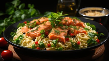 Spaghetti with smoked salmon and basil on a black plate, horizontal