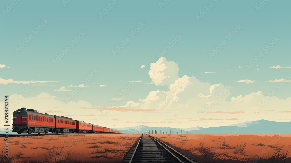 Poster a painting of a train on a train track in the middle of a field with mountains and clouds in the bac