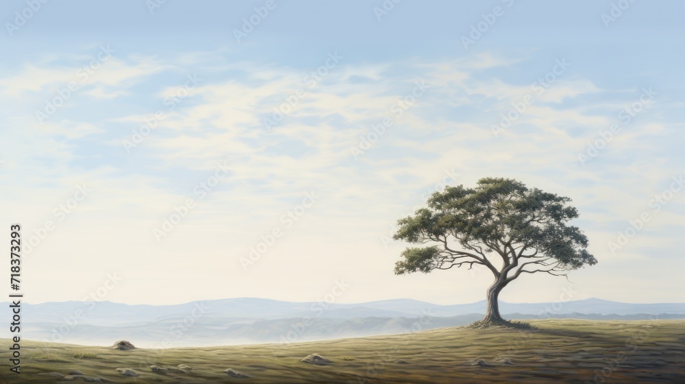 Poster a painting of a lone tree in the middle of a grassy field with mountains in the distance in the dist