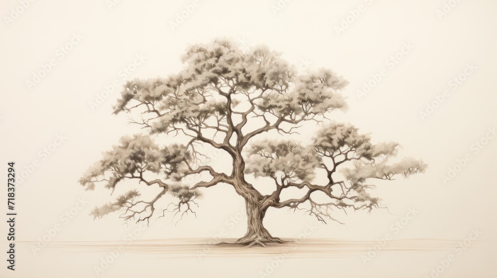 Poster a drawing of a tree in the middle of a desert with no leaves on the branches and no leaves on the br