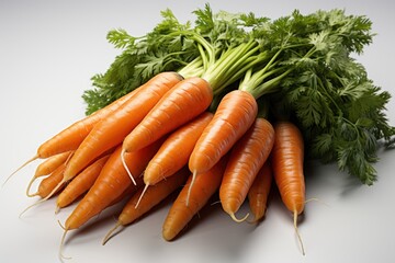 Bunch of fresh carrots with green parsley on a white background