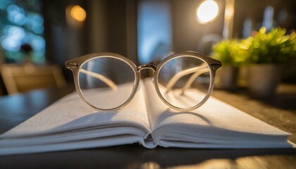 White smart glasses on book close up