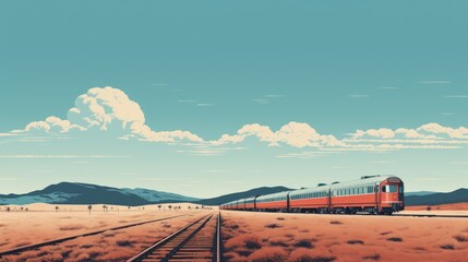  a painting of a train on a train track in the middle of a desert with mountains and clouds in the background.